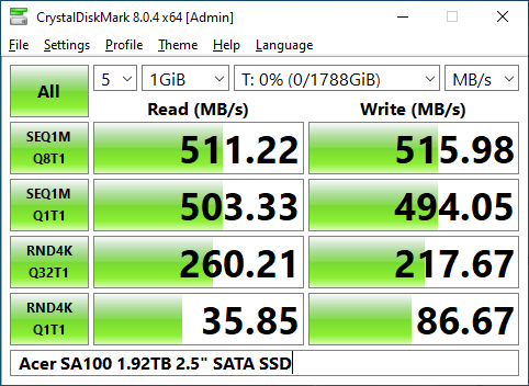 Acer SA100 1.92TGB 2.5" SATA SSD - CrystalDiskMark
