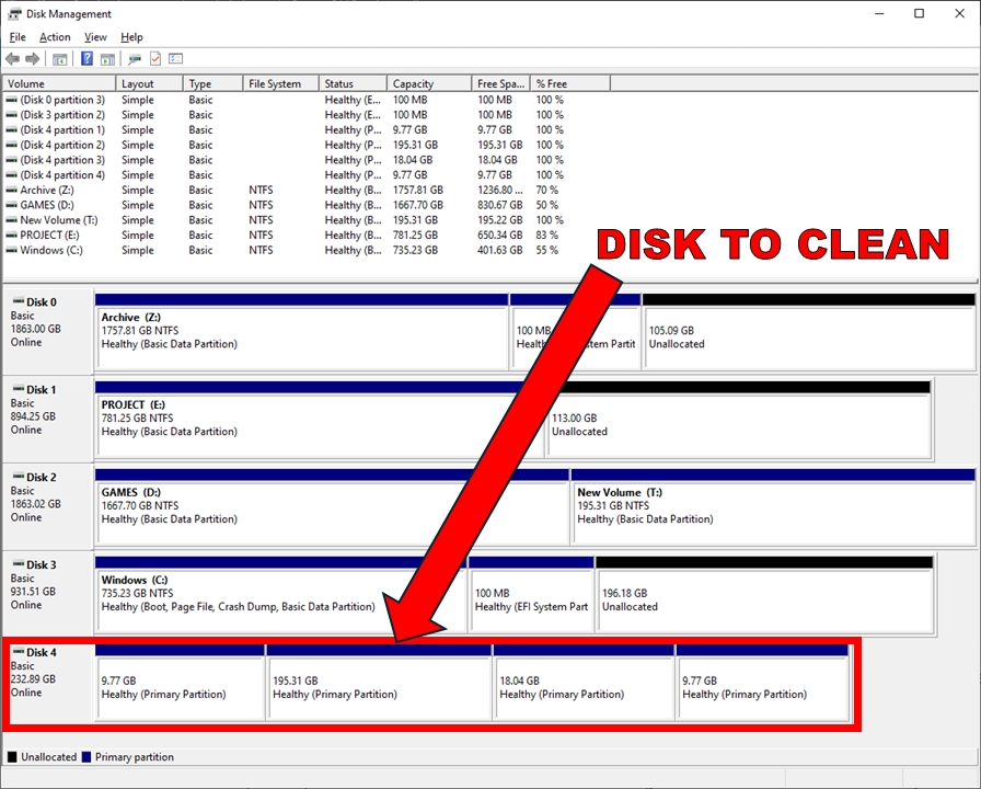 Disk Management Disk to Clean - Note Disk Number 4